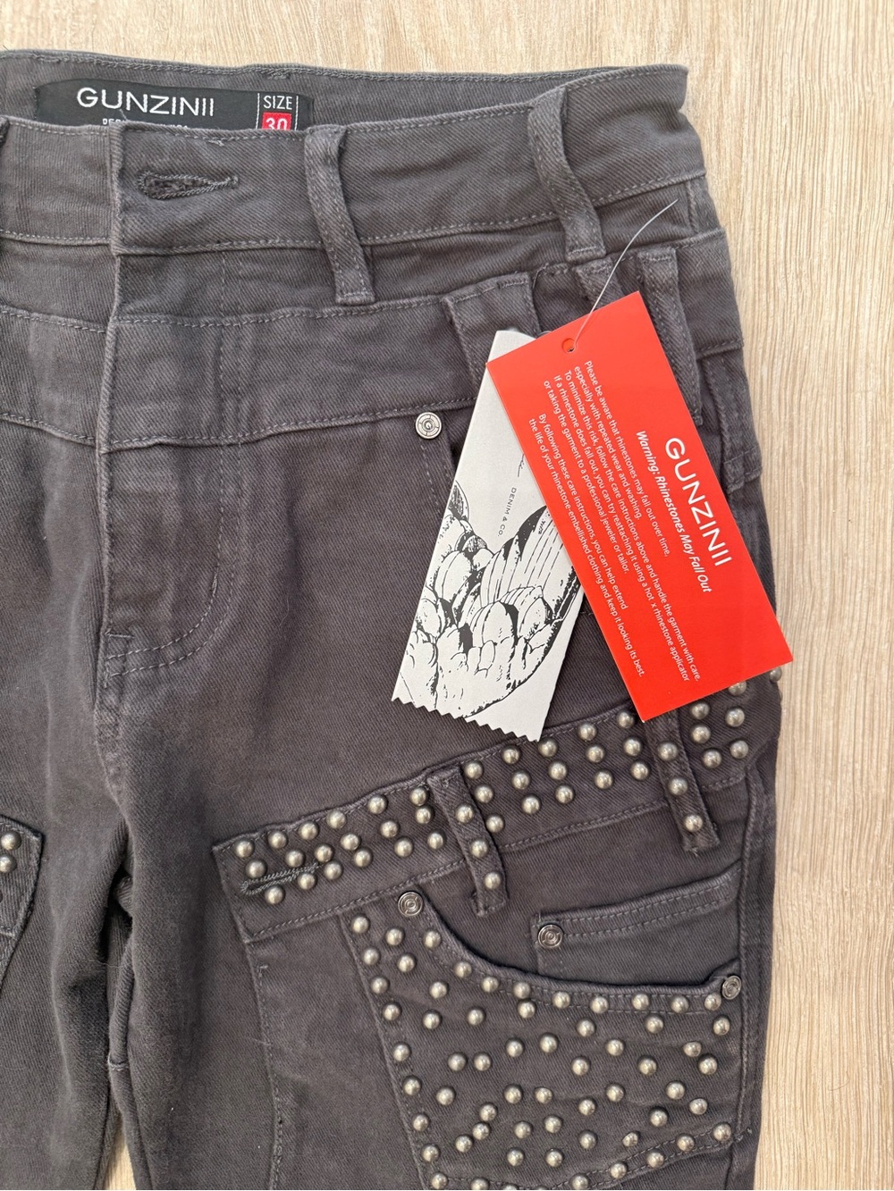 NWT Gunzinii streetwear Men's Relaxed Studded Jeans in Charcoal Gray